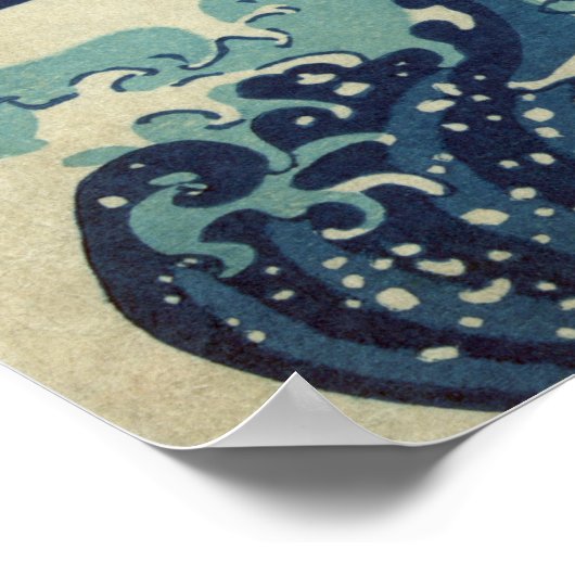 北斎素晴らしの波とヴィンテージ木版画 ポスター (角)