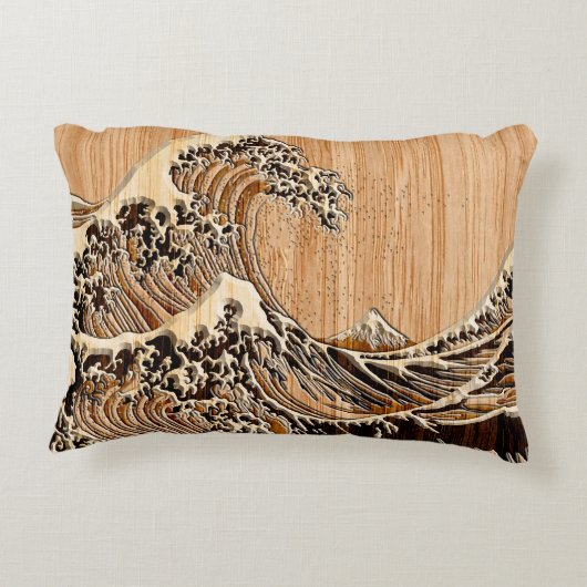 北斎素晴らし波竹木目スタイル アクセントクッション (裏面)
