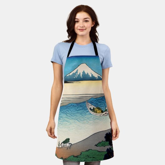 北斎 – 武蔵国多摩川 エプロン (着用した状態)