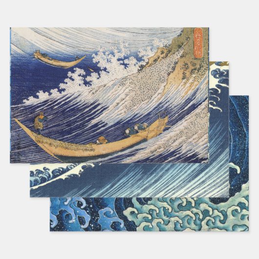 北斎 海の波 海の船 ラッピングペーパーシート (セット)