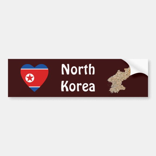 北朝鮮の旗のハートと地図ステッカー バンパーステッカー (正面)
