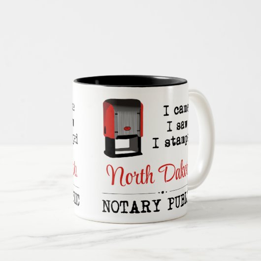 北来ダコタ州の公証人が刻印された ツートーンマグカップ (正面右)