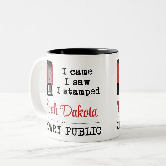 北来ダコタ州の公証人が刻印された ツートーンマグカップ (正面左)