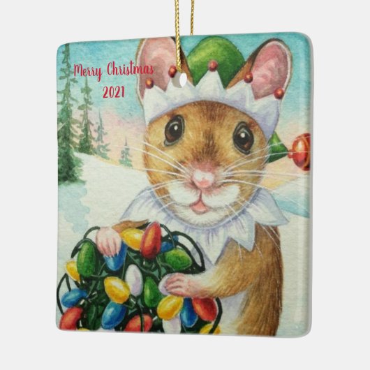 北極お洒落小妖精や小人マウス水彩画 セラミックオーナメント (左)