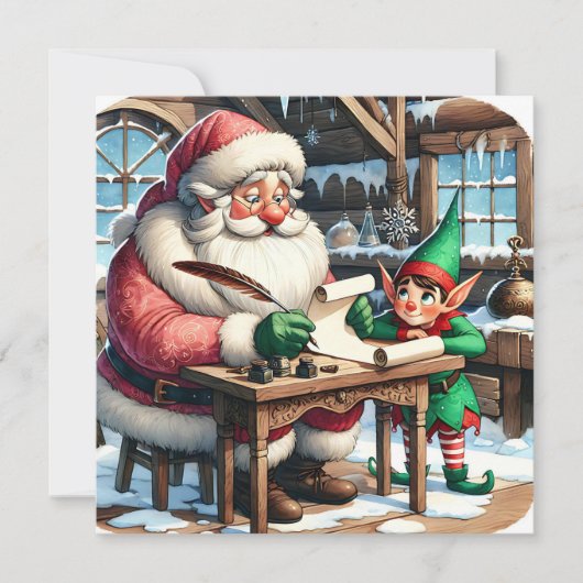北極のサンタと小妖精や小人のクリスマス シーズンカード (正面)