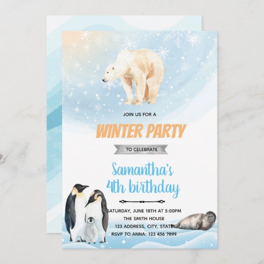 北極の冬のパーティーテーマの招待 招待状 (正面/裏面)