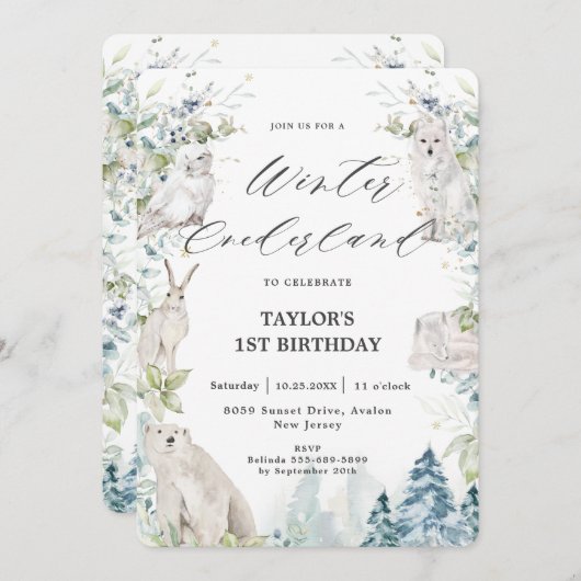 北極の動物の冬のオーネダーランド1歳の誕生日 招待状 (正面/裏面)