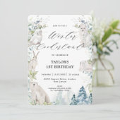 北極の動物の冬のオーネダーランド1歳の誕生日 招待状 (スタンド正面)