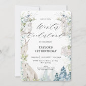 北極の動物の冬のオーネダーランド1歳の誕生日 招待状 (正面)