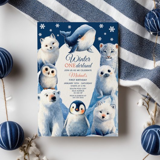 北極の動物の冬の子供の最初の誕生日パーティー 招待状
