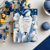 北極の動物の冬の子供の最初の誕生日パーティー 招待状