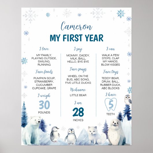 北極の動物の冬の最初の誕生日パーティーマイルストーン ポスター (正面)