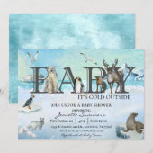 北極の動物の赤ちゃん 寒い外 冬のシャワー 招待状 (正面/裏面)