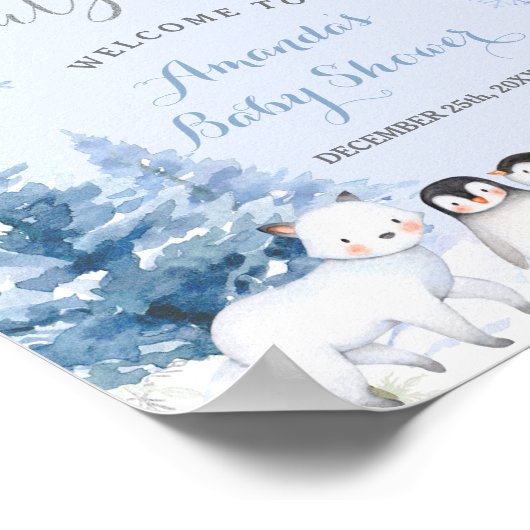北極の動物の雪片の木ベビーシャワーへようこそ ポスター (角)