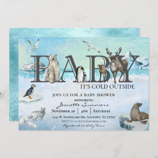 北極の動物ベビー冬のシャワー外は寒い 招待状 (正面/裏面)