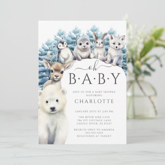 北極の友達の冬のニュートラルベイビーシャワー 招待状 (スタンド正面)