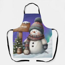 北極の可愛い雪だるまと北極の光 エプロン