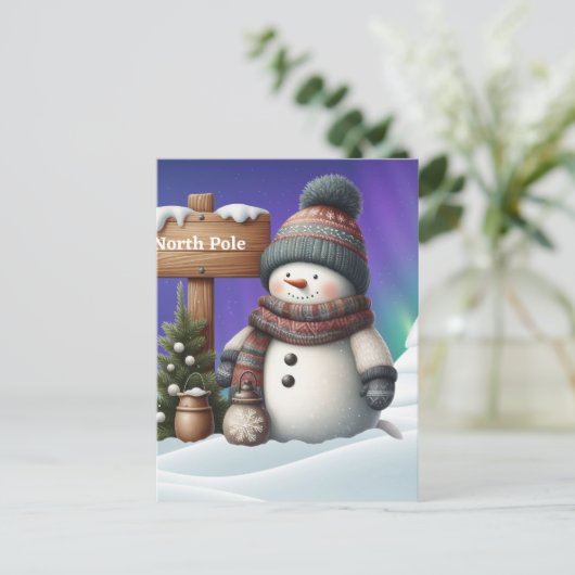 北極の可愛い雪だるまと北極の光 シーズンポストカード (スタンド正面)