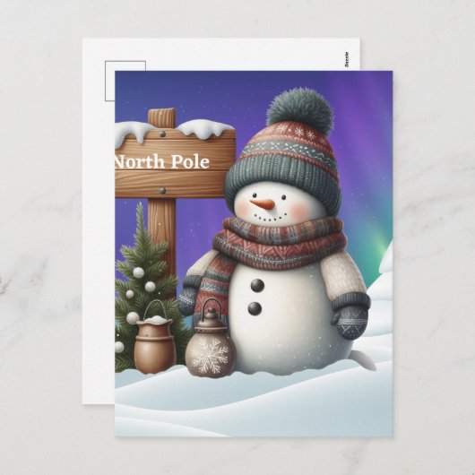 北極の可愛い雪だるまと北極の光 シーズンポストカード (正面/裏面)