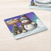 北極の可愛い雪だるまと北極の光 スクエアペーパーコースター (アングル)