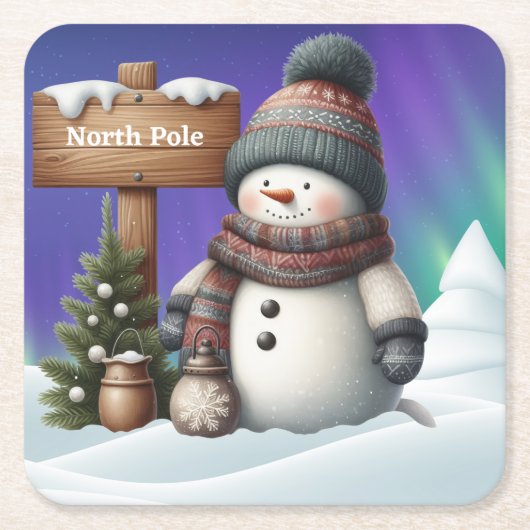 北極の可愛い雪だるまと北極の光 スクエアペーパーコースター (正面)