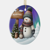 北極の可愛い雪だるまと北極の光 セラミックオーナメント (右)