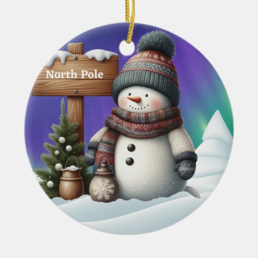 北極の可愛い雪だるまと北極の光 セラミックオーナメント (正面)