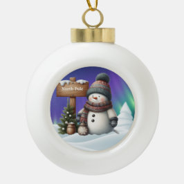 北極の可愛い雪だるまと北極の光 セラミックボールオーナメント