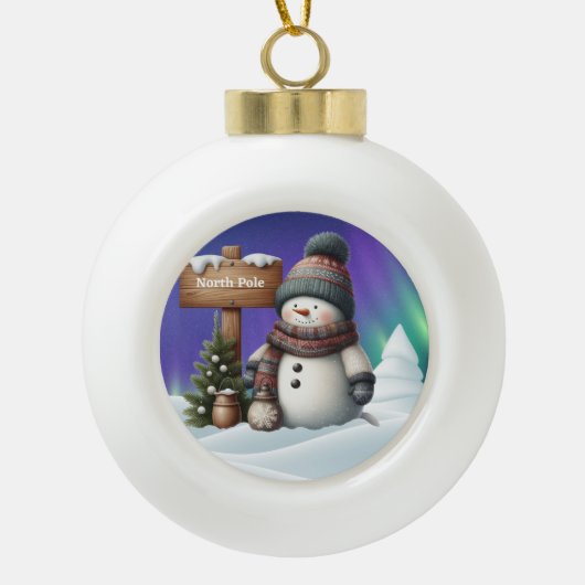 北極の可愛い雪だるまと北極の光 セラミックボールオーナメント (正面)