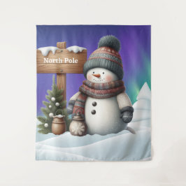 北極の可愛い雪だるまと北極の光 タペストリー