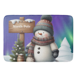 北極の可愛い雪だるまと北極の光 バスマット