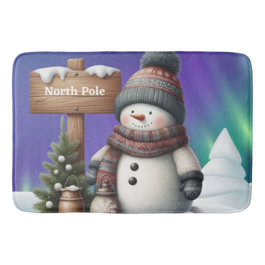 北極の可愛い雪だるまと北極の光 バスマット (正面)