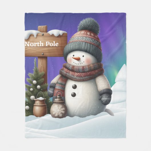 北極の可愛い雪だるまと北極の光 フリースブランケット (正面)