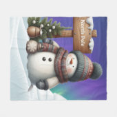 北極の可愛い雪だるまと北極の光 フリースブランケット (正面(横))