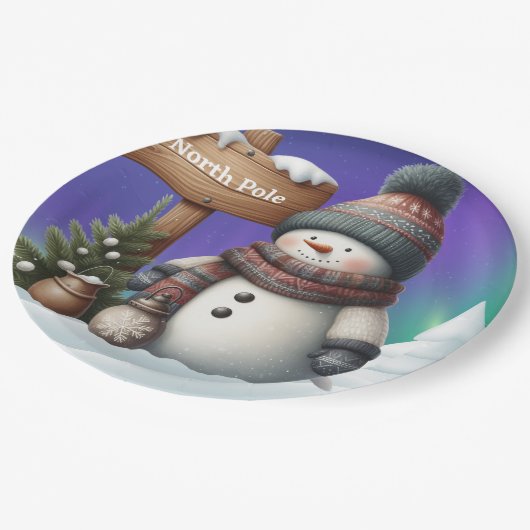 北極の可愛い雪だるまと北極の光 ペーパープレート (アングル)