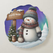 北極の可愛い雪だるまと北極の光 ラウンドクッション (裏面)