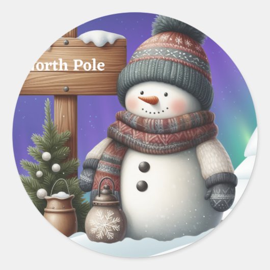 北極の可愛い雪だるまと北極の光 ラウンドシール (正面)