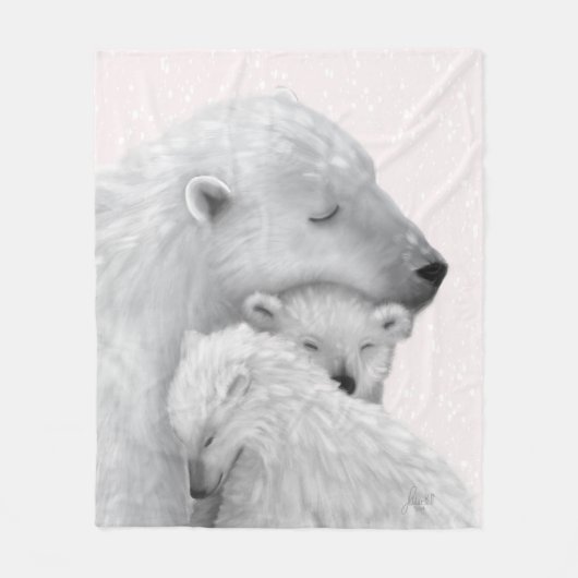北極の愛:ピンクの色合いのホッキョクグマの家族 フリースブランケット (正面)