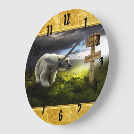 北極の木の看板を見る北極熊 ラージ壁時計 (傾斜)