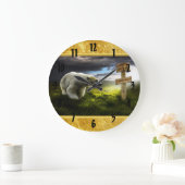 北極の木の看板を見る北極熊 ラージ壁時計 (ホーム)