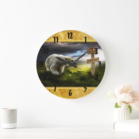北極の木の看板を見る北極熊 ラージ壁時計 (ホーム)