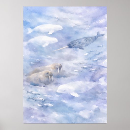 北極の海洋生物の水彩画アート ポスター (正面)