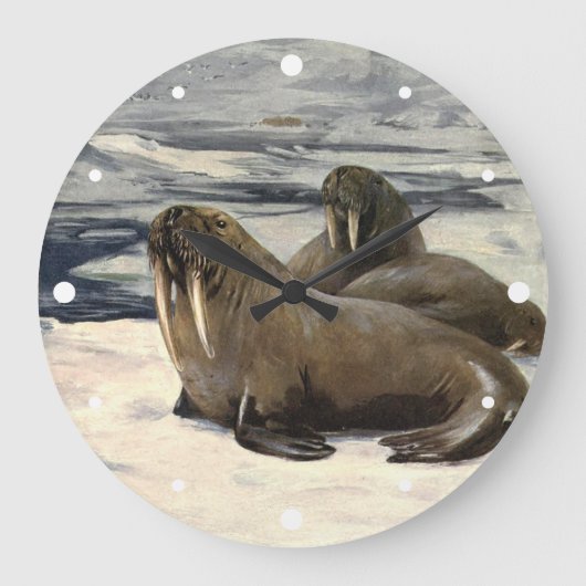 北極の雪の中のセイウチ、ビンテージの海洋動物 ラージ壁時計 (正面)