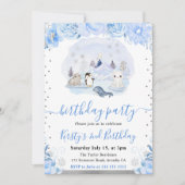 北極の雪の動物たちと青い花の誕生日 招待状 (正面)