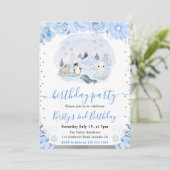 北極の雪の動物たちと青い花の誕生日 招待状 (スタンド正面)