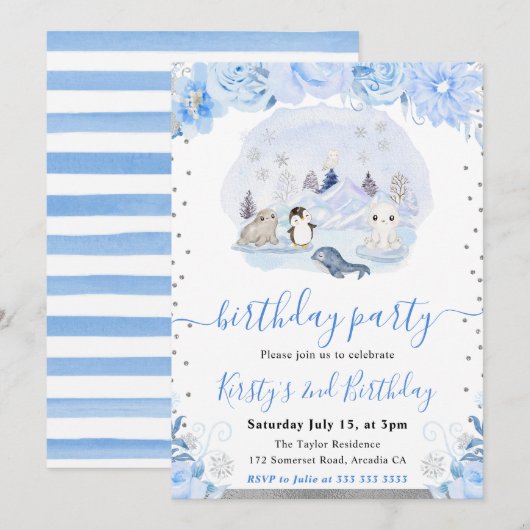 北極の雪の動物たちと青い花の誕生日 招待状 (正面/裏面)