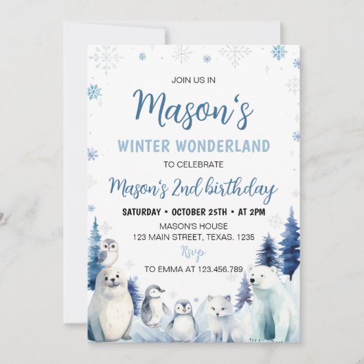 北極の青い動物の冬の2番目の誕生日 招待状 (正面)