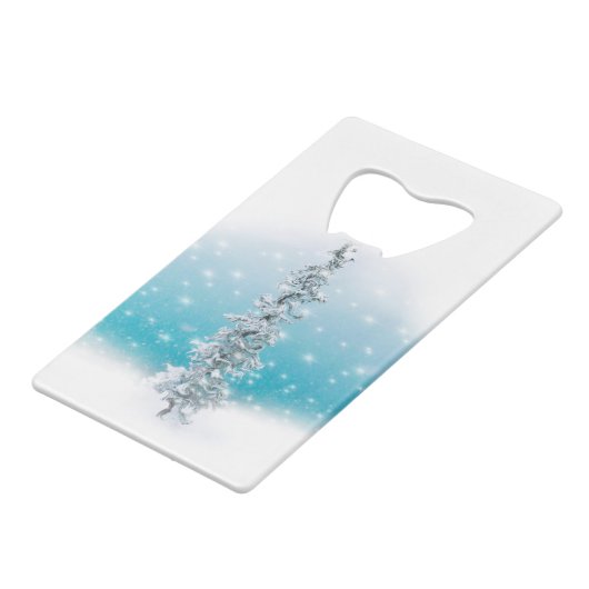 北極の青い銀霜の降りたは常緑の輝きを放つ クレジットカード栓抜き (正面アングル)