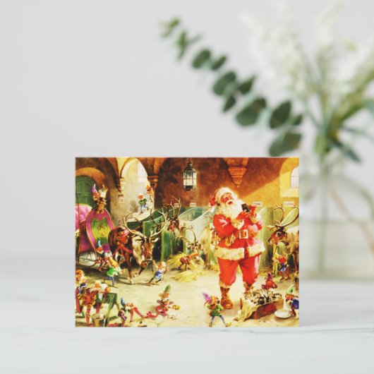 北極の馬小屋のサンタそして彼の小妖精や小人 シーズンポストカード (スタンド正面)