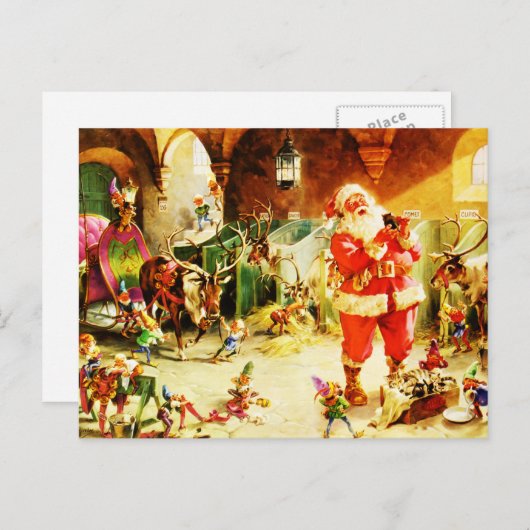 北極の馬小屋のサンタそして彼の小妖精や小人 シーズンポストカード (正面/裏面)